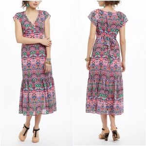 Anthropologie Mural Midi Dress Women’s Size 2 Colorful Boho Beaded Neckline